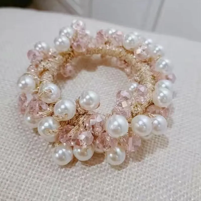 Crystal Pearl Hair Ring Bracelet  High Elasticity Scrapchies Updo Horse Tail Rubber Band Scrunchies Woman   Moños Mayoreo Niña