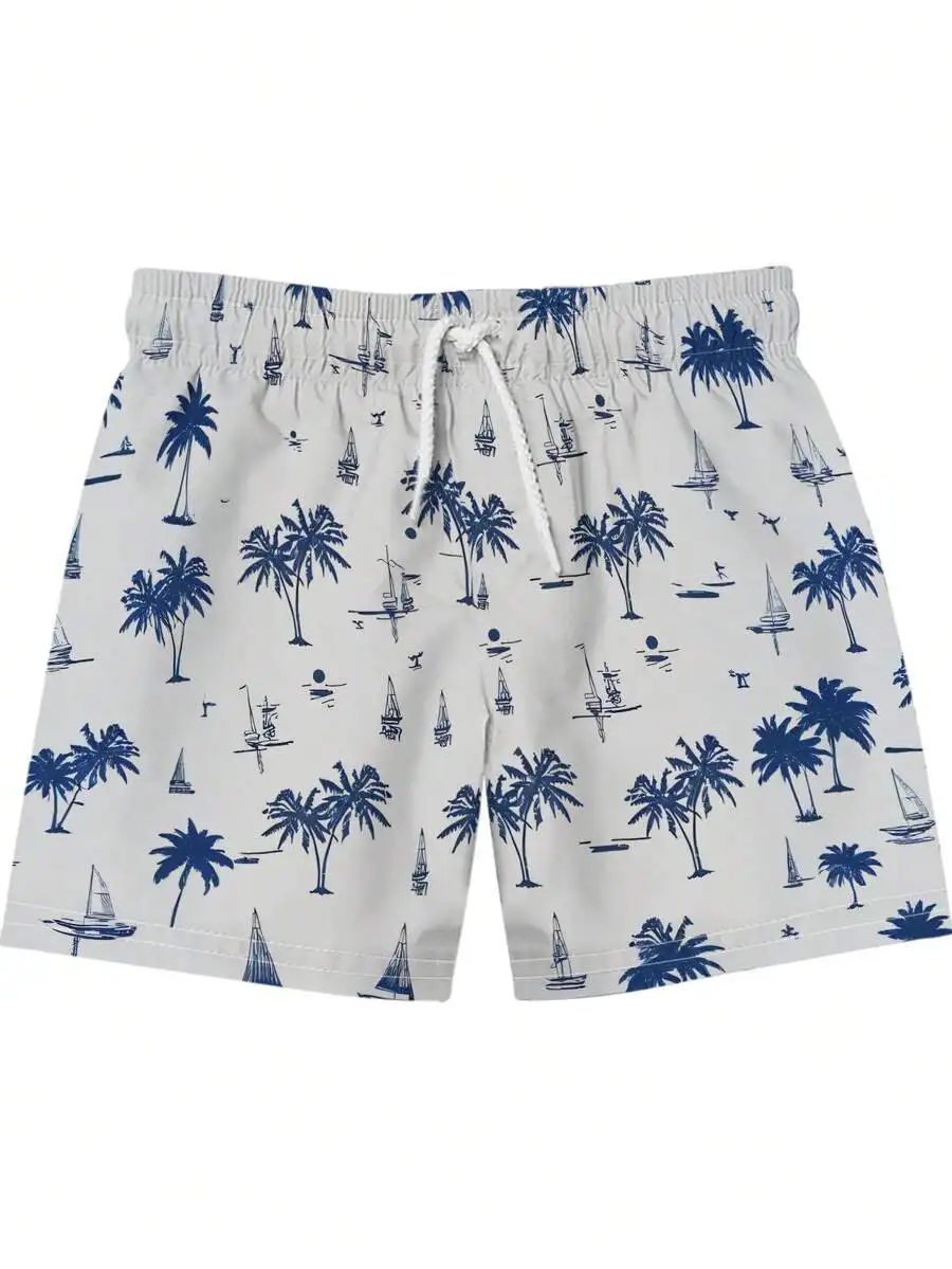 

Mens Tropical Palm Tree And Sailboat Print Beach Board Shorts Blue White