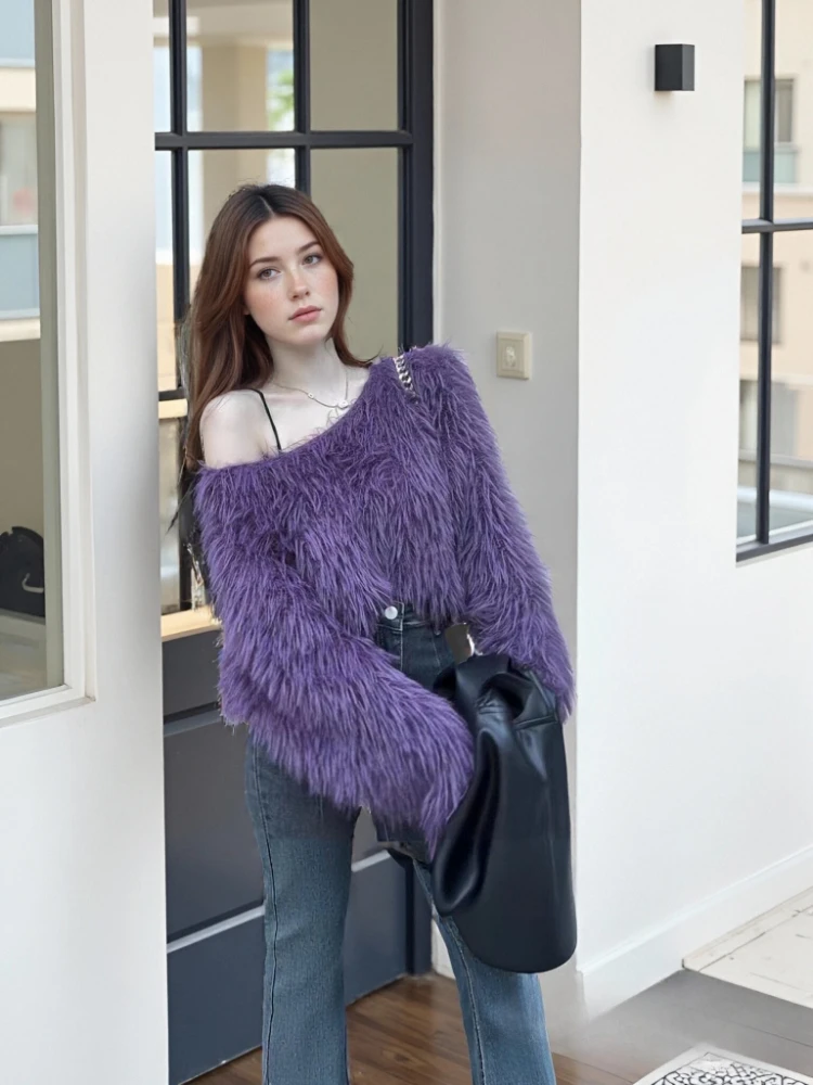 

Autumn and Winter New Fashion Women's Long-sleeved Sweater Elegant Plush Short Loose Knitwear Solid Color O Neck Pullovers