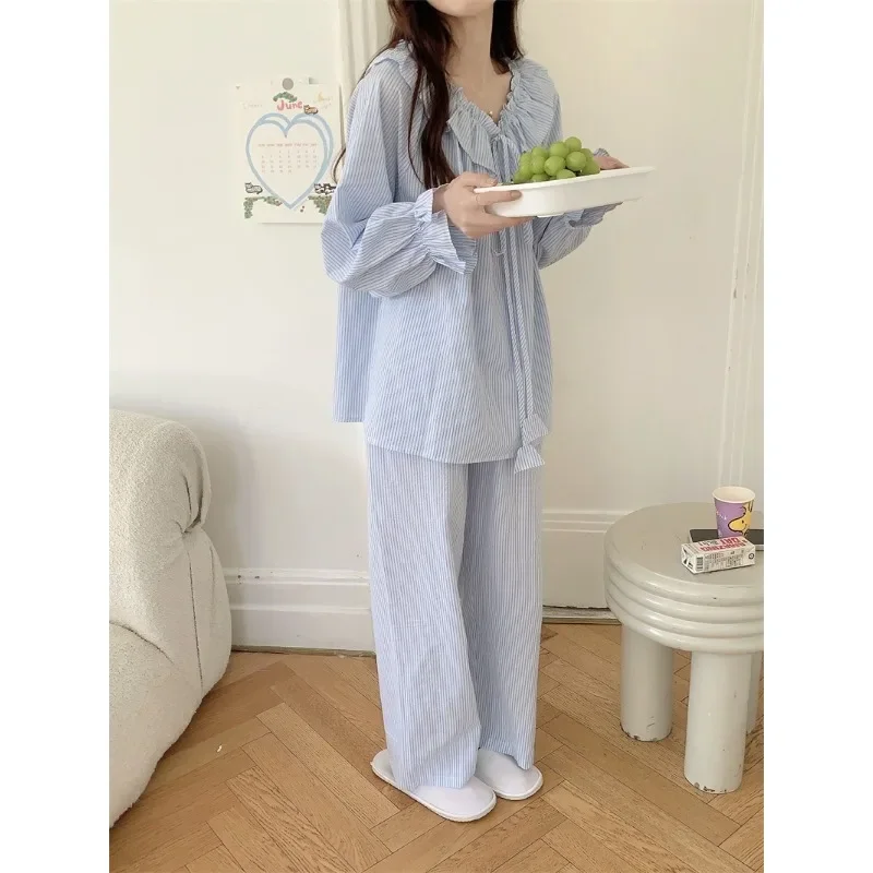 2024 New Spring Autumn Pajamas 2 Piece Set Women Korean Gentle Stripes Comfortable Long Sleeve Pants Suit Leisure Loose Homewear