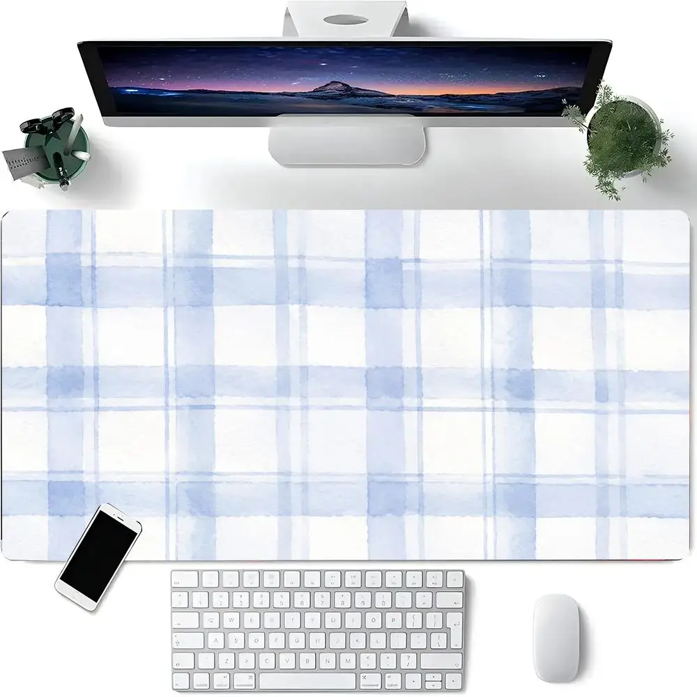 Aesthetic Soft Blue Watercolour Gingham Check Minimalist Large Gaming Mouse Pad Wear Resistant Computer Desk Pad