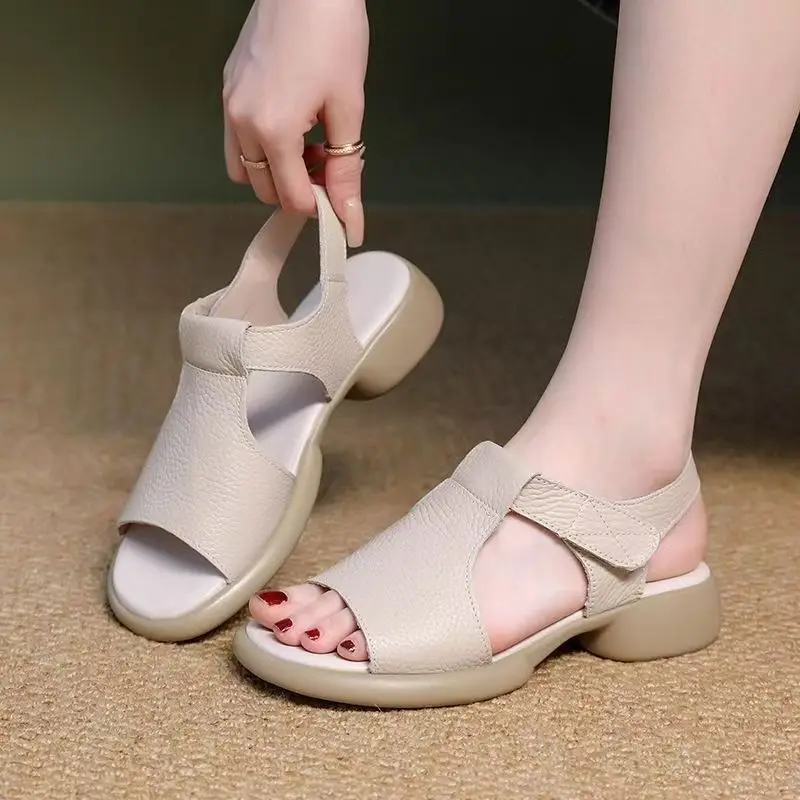 

Женские летние босоножки из натуральной кожи на блочном каблуке, нескользящие сандалии на толстой подошве с открытым носком на липучке, нескользящие повседневные сандалии