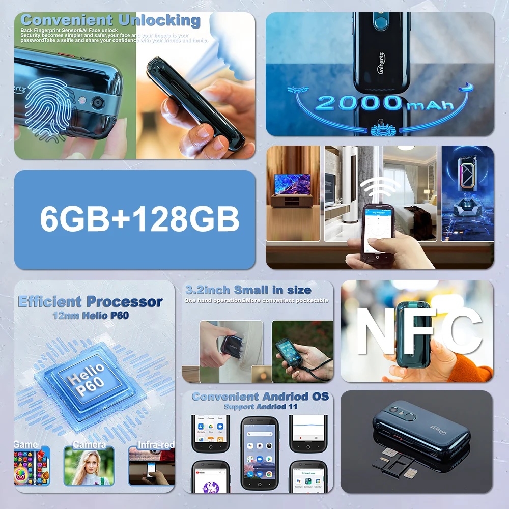 Unihertz Jelly 2 Small Smartphone, Helio P60 Octa Core, Android 11, 6GB + 128GB, 16MP, 2000mAh Battery, Dual SIM Mobile Phone