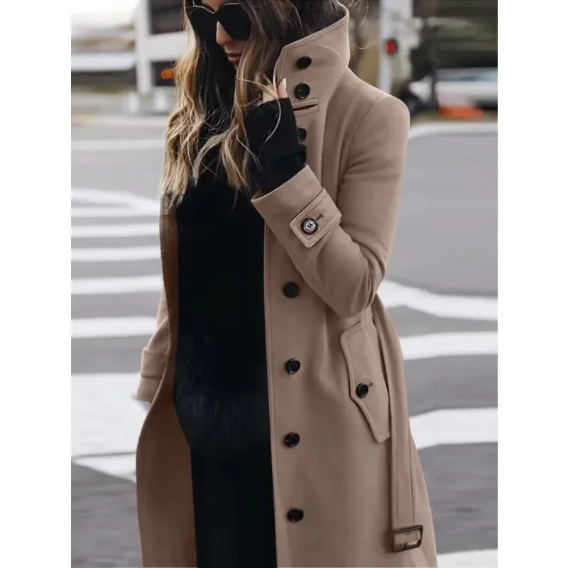 Women\'s Slim Fit Cardigan Large Coat Autumn Winter New Woolen Coat Women Long Sleeve Single Breasted Stand Collar Woolen Coat