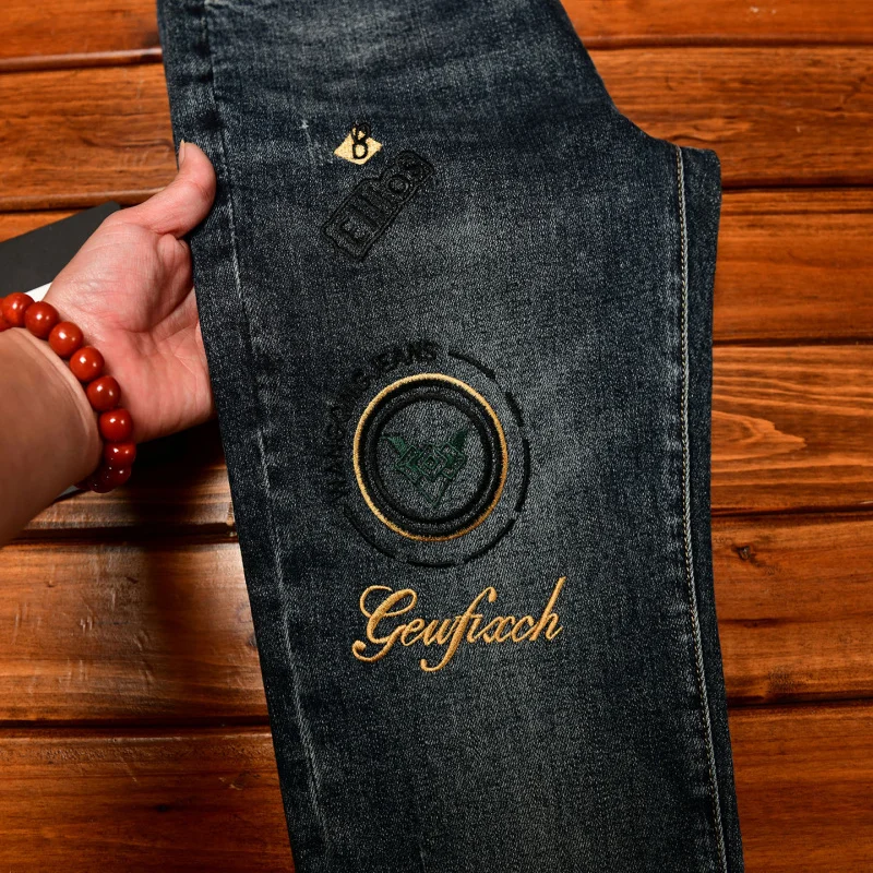 High end embroidered jeans for men, autumn style, handsome, slim fit, small feet, elastic, casual trend, light luxury pants