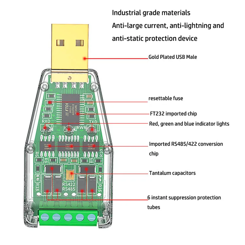 Industrial USB To RS485 Serial Cable Drive-free 422/485 To USB Serial Converter COM Cable FTDI Chip