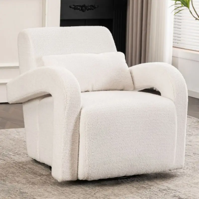 Cozy White Teddy Fabric Armchair - Modern Sturdy Lounge Chair With Curved Arms And Thick Cushioning For Plush Comfort