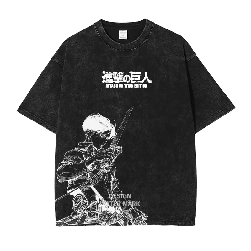 Japan Anime Attack on Titan Rival Ackerman Graphic Print T-shirt Men Women Retro Washed O-neck Cotton Loose Casual Oversized Top