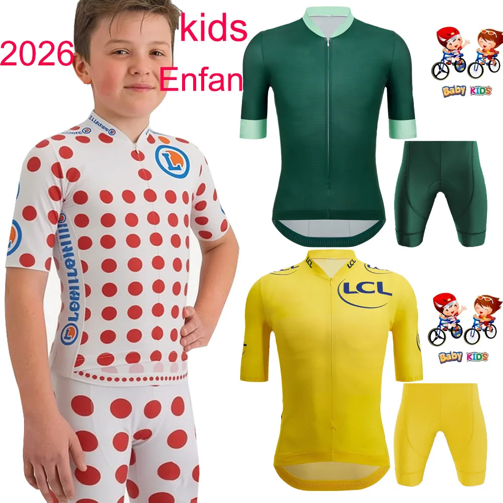 Conjunto de Jersey de Ciclismo para Niños, Tour de Francia 2026, Diseño de Puntos Amarillos y Verdes, Ropa Infantil para Ciclismo, Camiseta para Bicicleta de Carretera, Traje para Bicicleta de Montaña, Maillot