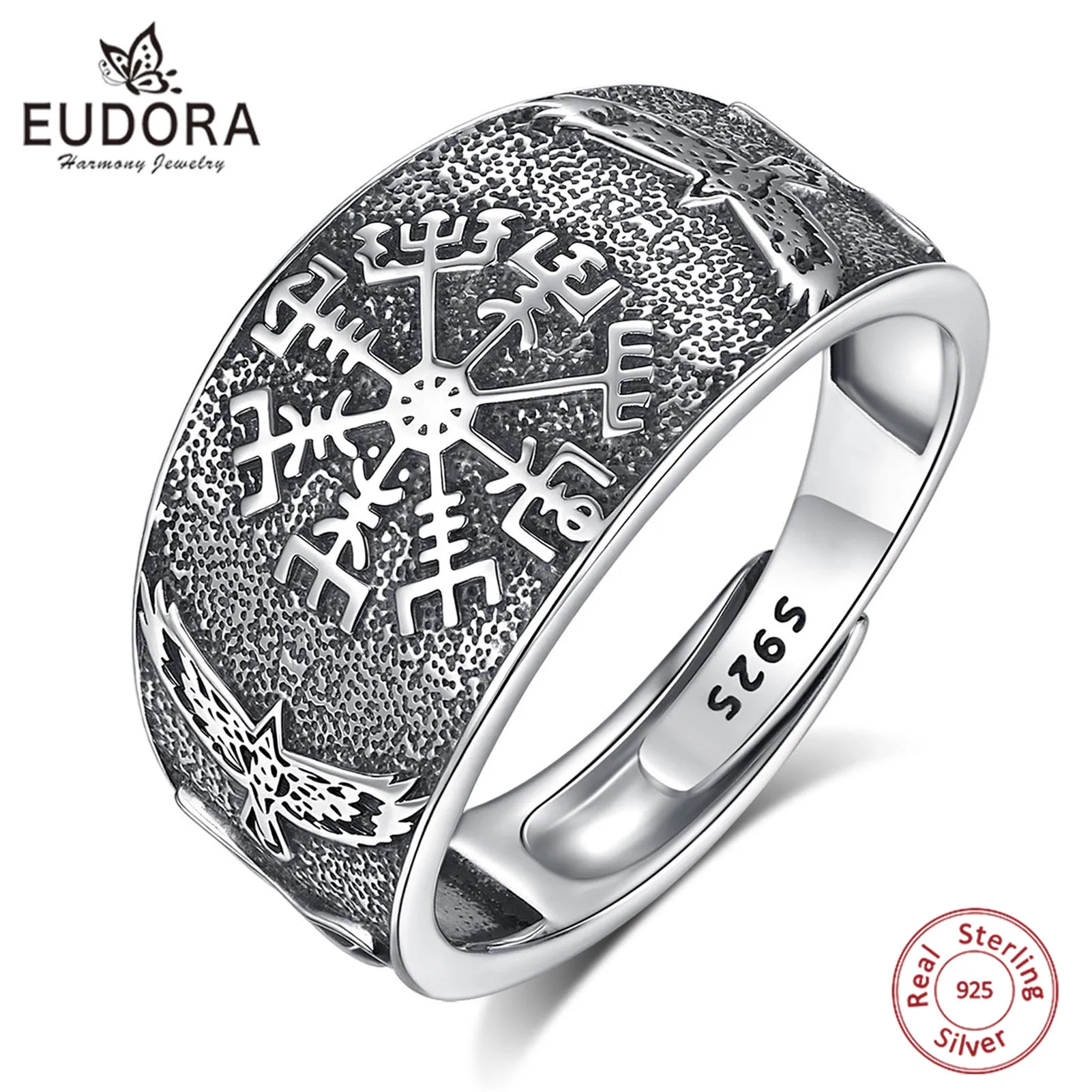 Eudora 925 Sterling Silver Viking Compass Adjustable Ring Raven Celtic Knot Ring Vintage Jewelry Holiday Gift for Men Women