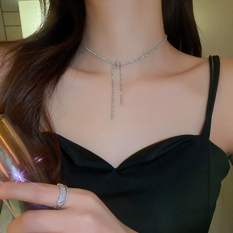 Luxury Shiny Silver Color Zircon Choker Necklace Interspersed Bow Tassel Necklace 2022 New Trendy Exquisite Jewelry Party Gifts