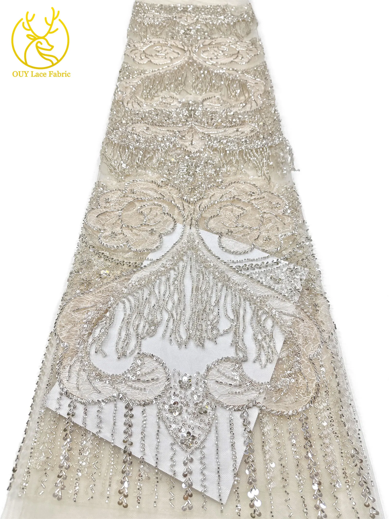 Goldene französische 3D-Laser-Quasten-Perlen-Spitze, luxuriöser afrikanischer Pailletten-Spitzenstoff, nigerianischer Mesh-Spitzenstoff für Damen-Hochzeiten – Detail 10