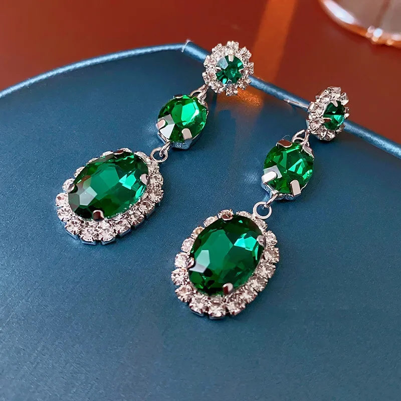 3 Pcs Green Rhinestone French Oval Pendant Necklaces Court Elegant Light Luxury Earrings Silver Needle Jewelry Sets Wholesale
