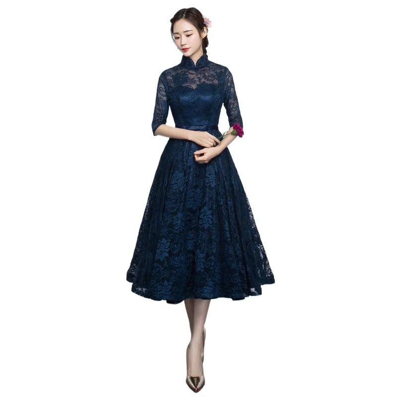 Robe de demoiselle d'honneur chinoise, robe de soirée élégante à manches mi-longues, longue robe de mariée améliorée, Cheongsam, nouvelle collection printemps/été 2025