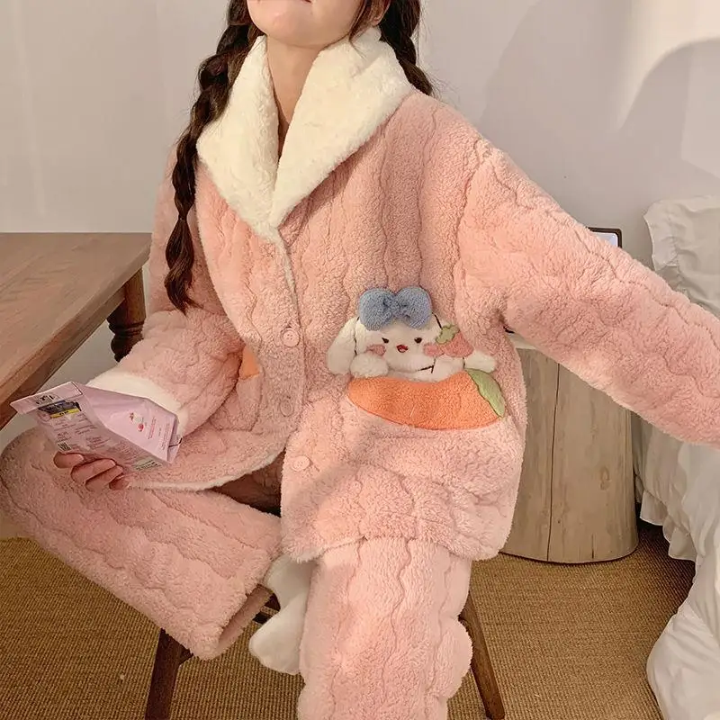 Miniso Flannel Flip Collar Thickening Three Layer Cotton Pajama Set Kawaii Cinnamoroll Comic Girl Winter Keep Warm Home Clothes