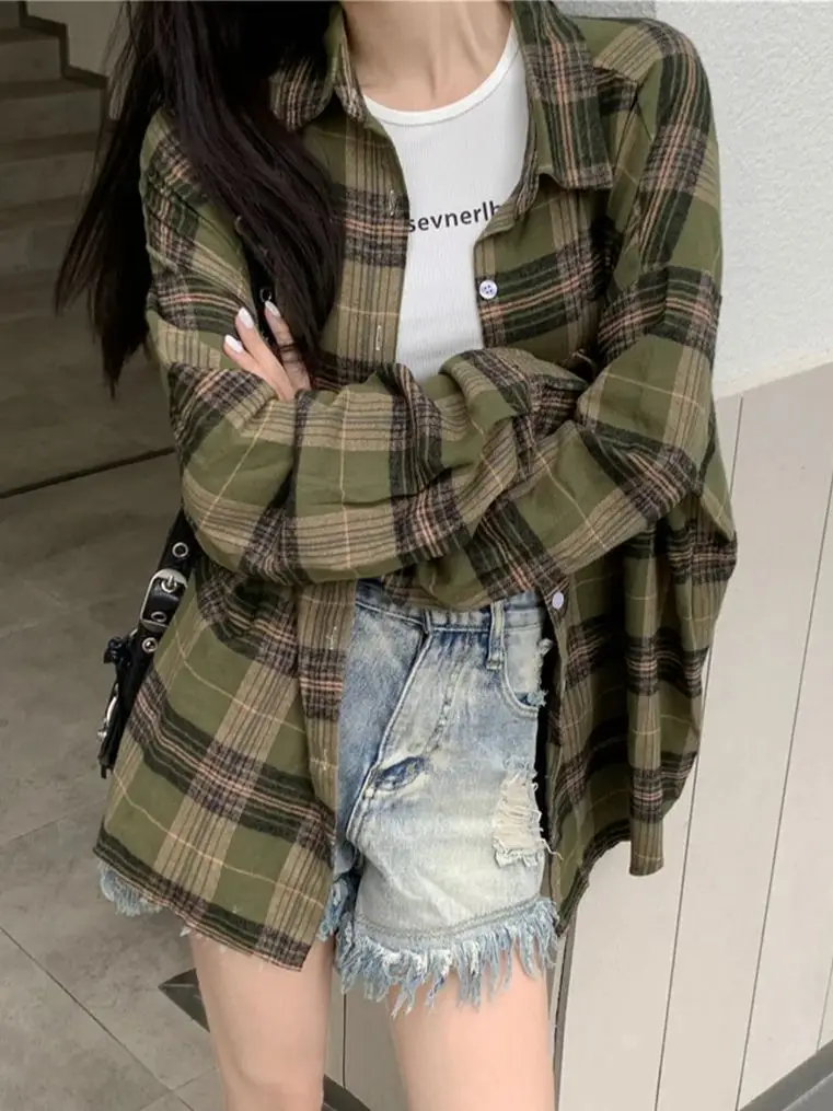 

Alien Kitty Loose Plaid Chic Shirts Women Fashion Casual Office Lady High Street Coats Daily New Slim Outwear Summer Vintage