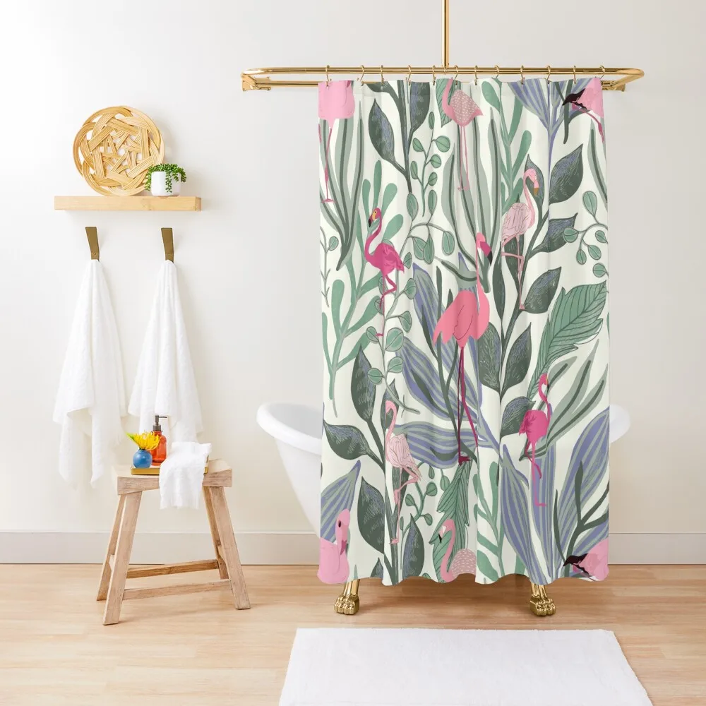 

Pink Flamingos Pattern on Green Foliage Shower Curtain Bathroom Accessories Cute Shower Shower For Bathroom Set Curtain