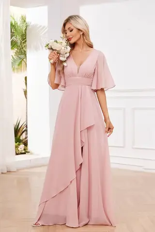 Evening Formal Gown with Slit Wedding Party Gowns Deep V Neck Gown Women's Short Sleeve Bridesmaid Dresses Long Ruffle Chiffon