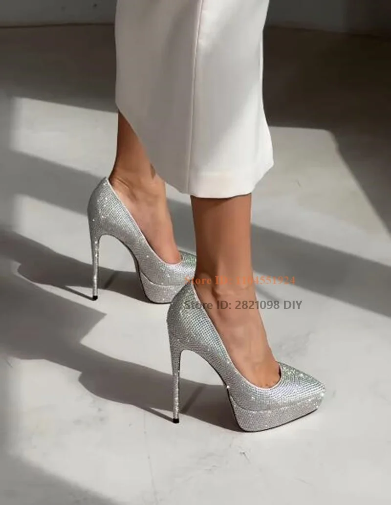 بلينغ بلينغ خنجر كعب جلد فضي كريستال أشار تو منصة مضخات عالية الكعب فستان أحذية النساء رقيقة عالية الكعب #6