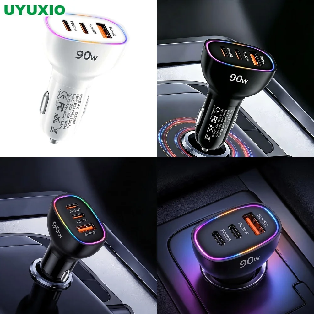 90W Total Output Car Charger Multi Port Dual PD 30W Type C USB A 30W Super Fast Charging Adapter for Laptop Phone RGB Light