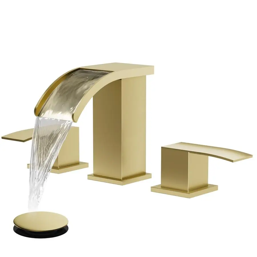 

Смеситель для ванной комнаты Waterfall, 8 дюймов, с широким расстоянием между отверстиями, 3 отверстия, 2 ручки, для установки на столешницу, с выдвижным сливом