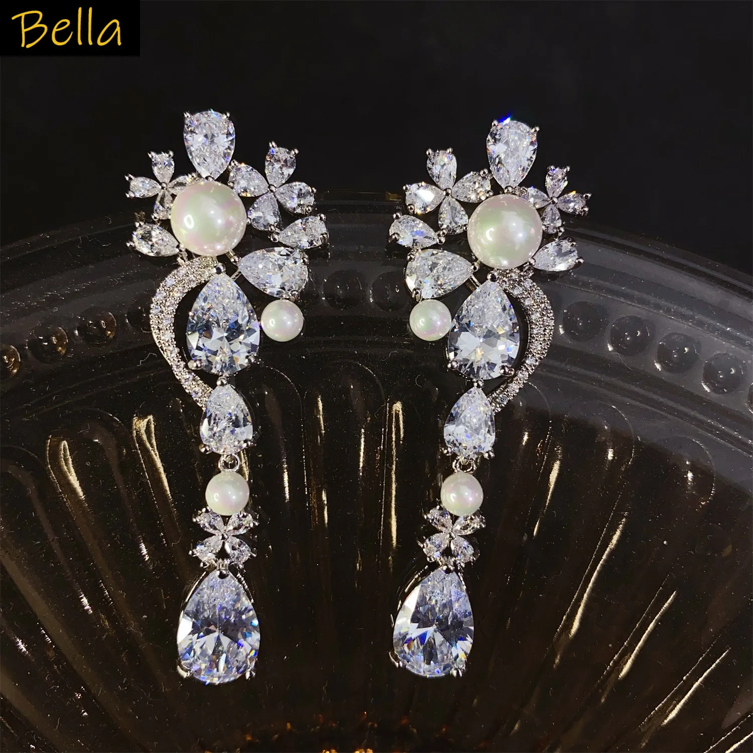

new trendy flower earrings wedding bride jewelry white zircon pendant earrings women evening party jewelry gift wholesale