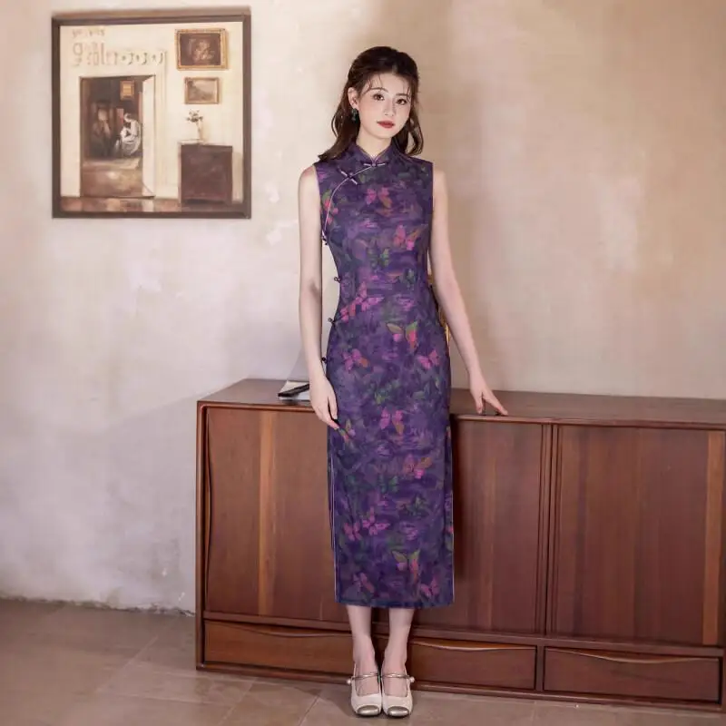 Sexy Women Qipao Mandarin Collar Satin Print Butterfly Cheongsam Vintage Button Vestidos Ethnic Stage Performance Chinese Dress