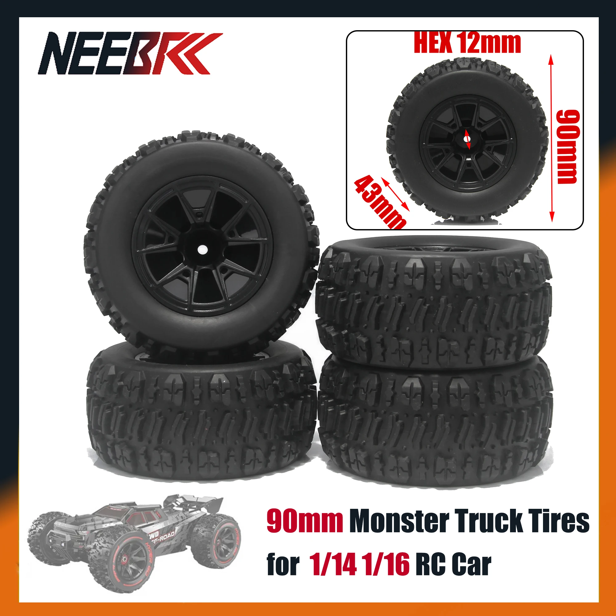 4PCS NEEBRC 90mm 12mm Hex Monster Tires Wheels for 1/14 1/16 RC Car Truck WLTOYS 144001 144010 HBX 16889 16890 SCY 16101 16102