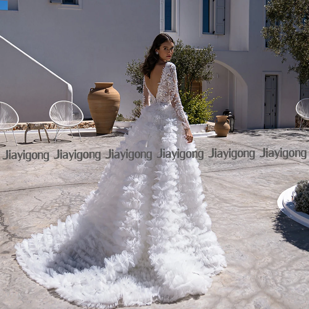 Luxo sereia vestido de casamento com destacável tule trem mangas compridas v pescoço pedras sem costas rendas vestido de noiva