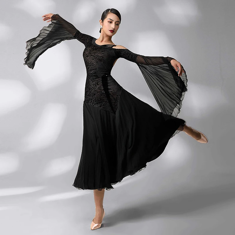 

Standard Ballroom Dance Costume Waltz Dresses Black Flare Sleeve Performance Outfit Women Long Dresses Lady Prom Ball Gowns 2047