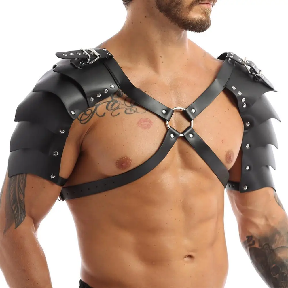 

Mens PU Leather Harness Double Shoulder Armors Buckle Gothic Witch Clubwear Cosplay Costume Performance