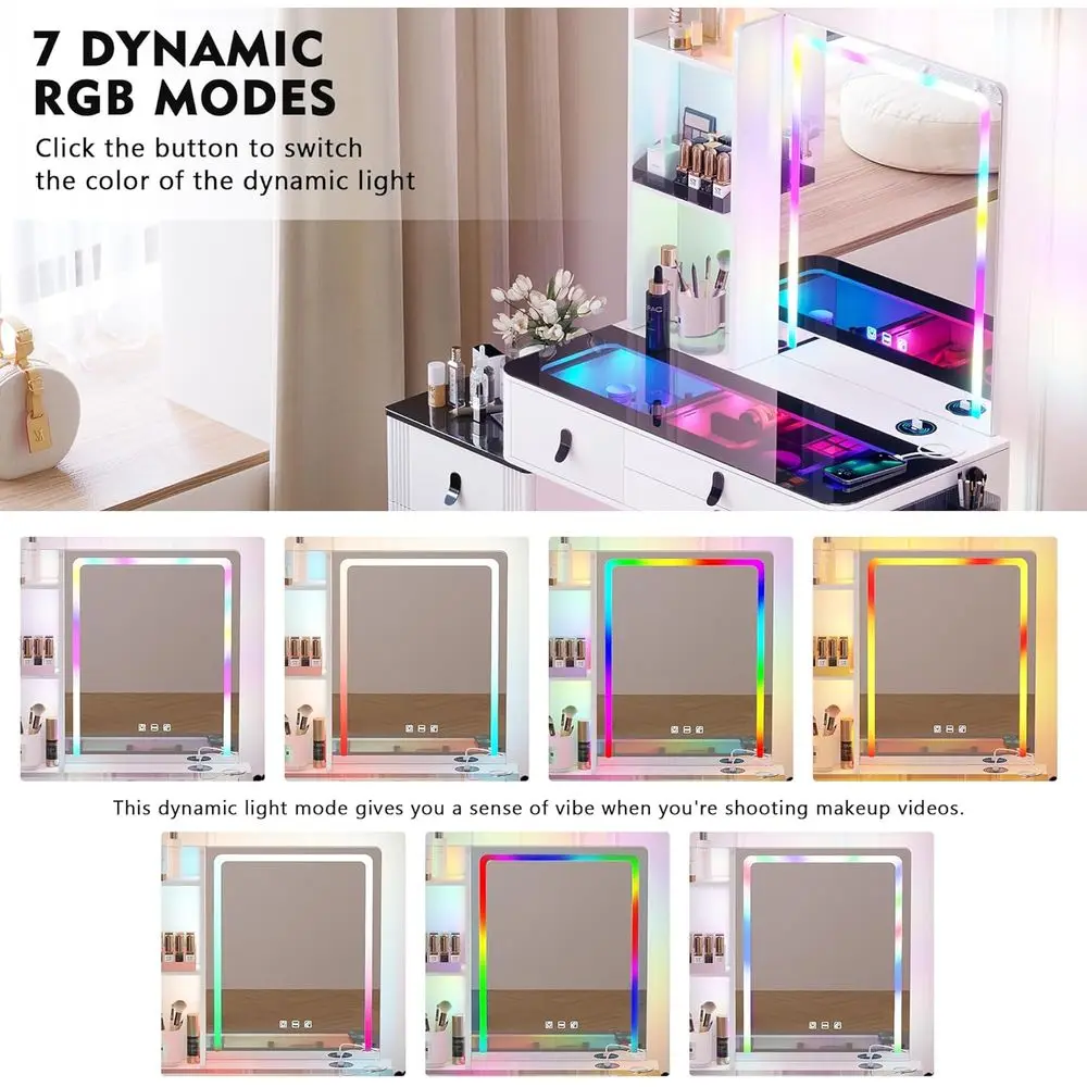Gurexl RGB Vanity Desk with WirelCharging Station,Vanity Table with Lights and Mirror,7 and 7 Static Dimmable Vanity Set with US view 4