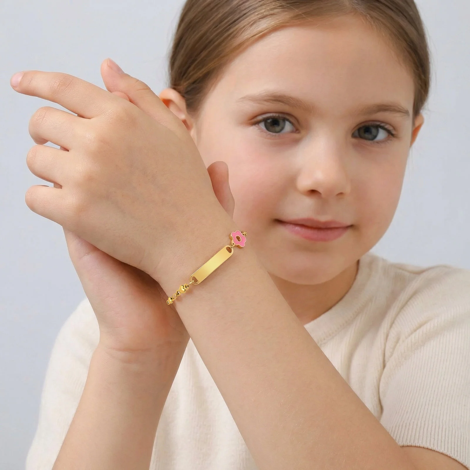 Kids Bracelet Flower Heart Charm Gold Plated Link Chain Newborn Toddler Birthday Gift No Engrave