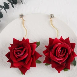 Exaggerated Red Simulated Handmade Rose Flower Earrings Dangling Earring for Girls Women Kids Jewelry Party Ornament