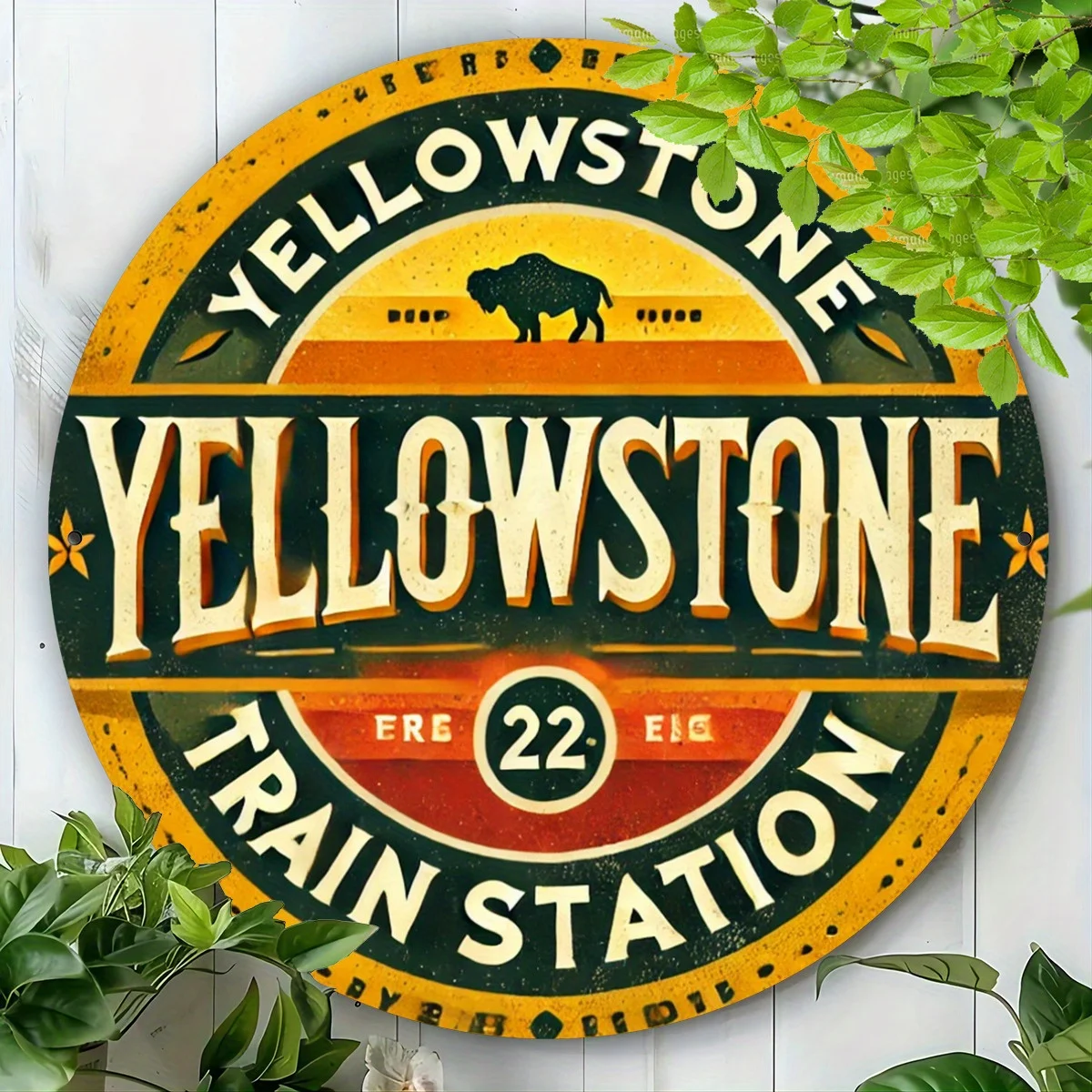 Yellow Stone Railway Station 7.8x7.8 Inch Round Metal Sign - Ideal for Front Door, Porch, Living Room, Bedroom Decor, Perfect Gi