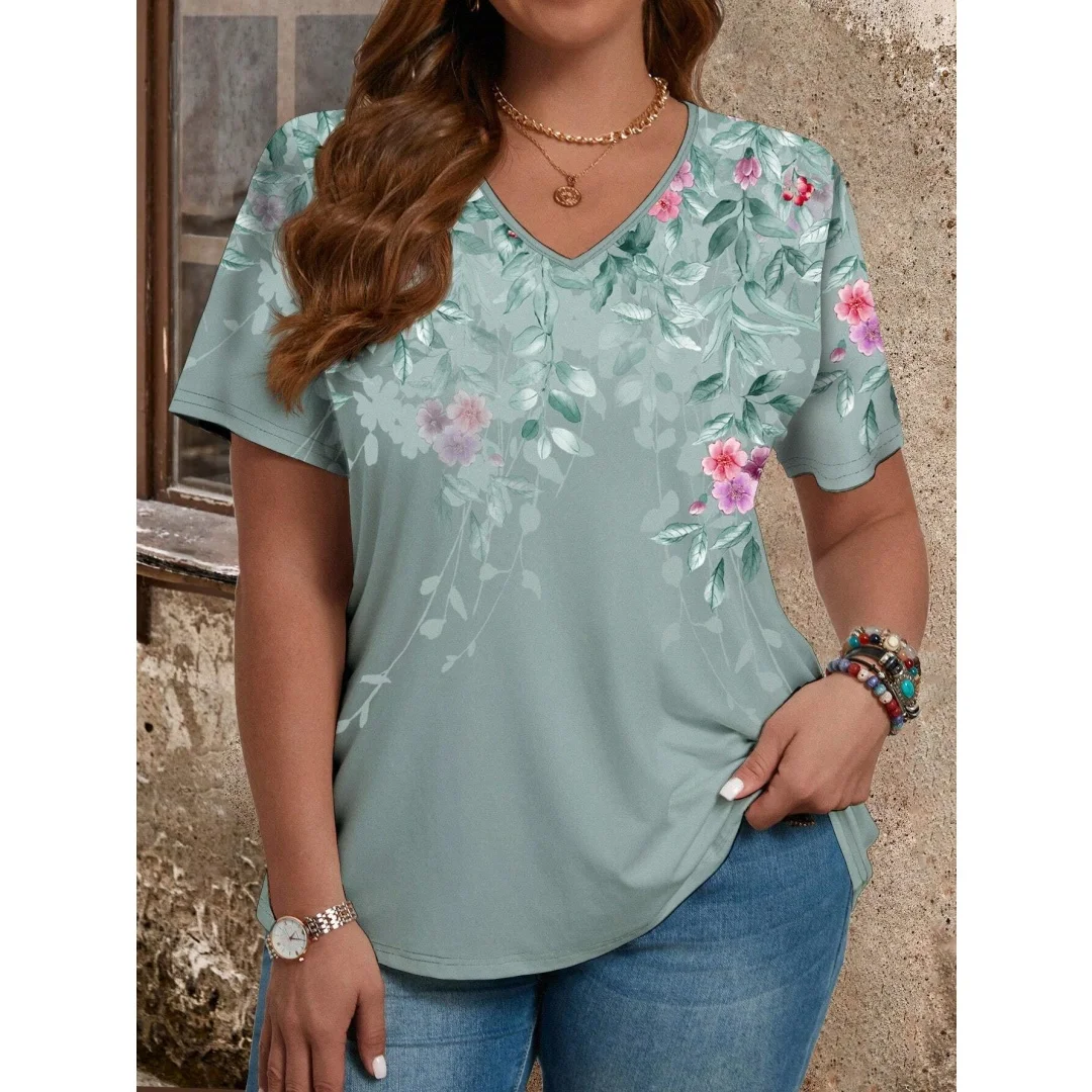 

Women's T-shirts Summer Gradient Graphics Tops V Neck Fashion Female Vintage Clothing Floral Print Tees Loose Oversized T Shirts