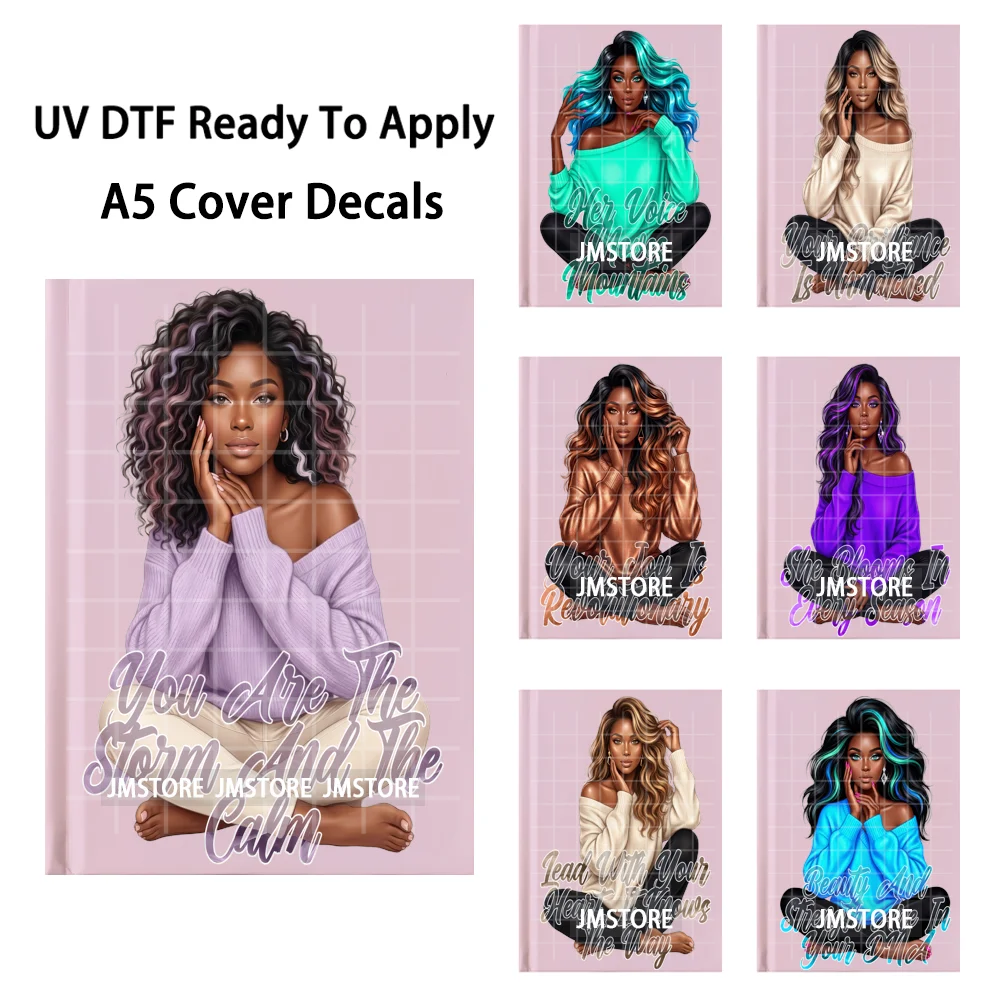 Self Care Black Girl Melanin Queen A5 Notebook UV DTF Wraps Durable Transfer Stickers Decals Ready To Apply For Journal Cover