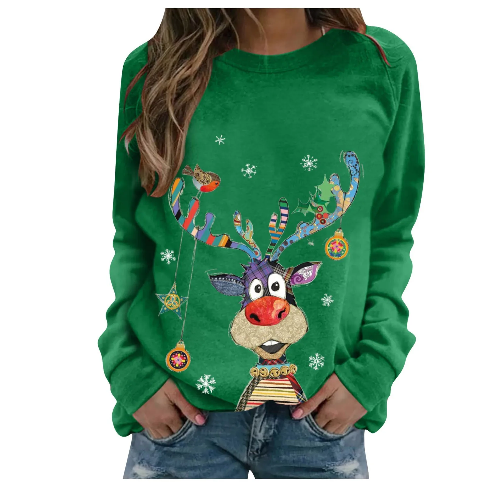 Women\'s Christmas Sweatshirts Autumn and Winter Fashion Leisure Print O-Neck Long Sleeve Pullover Top Shirts