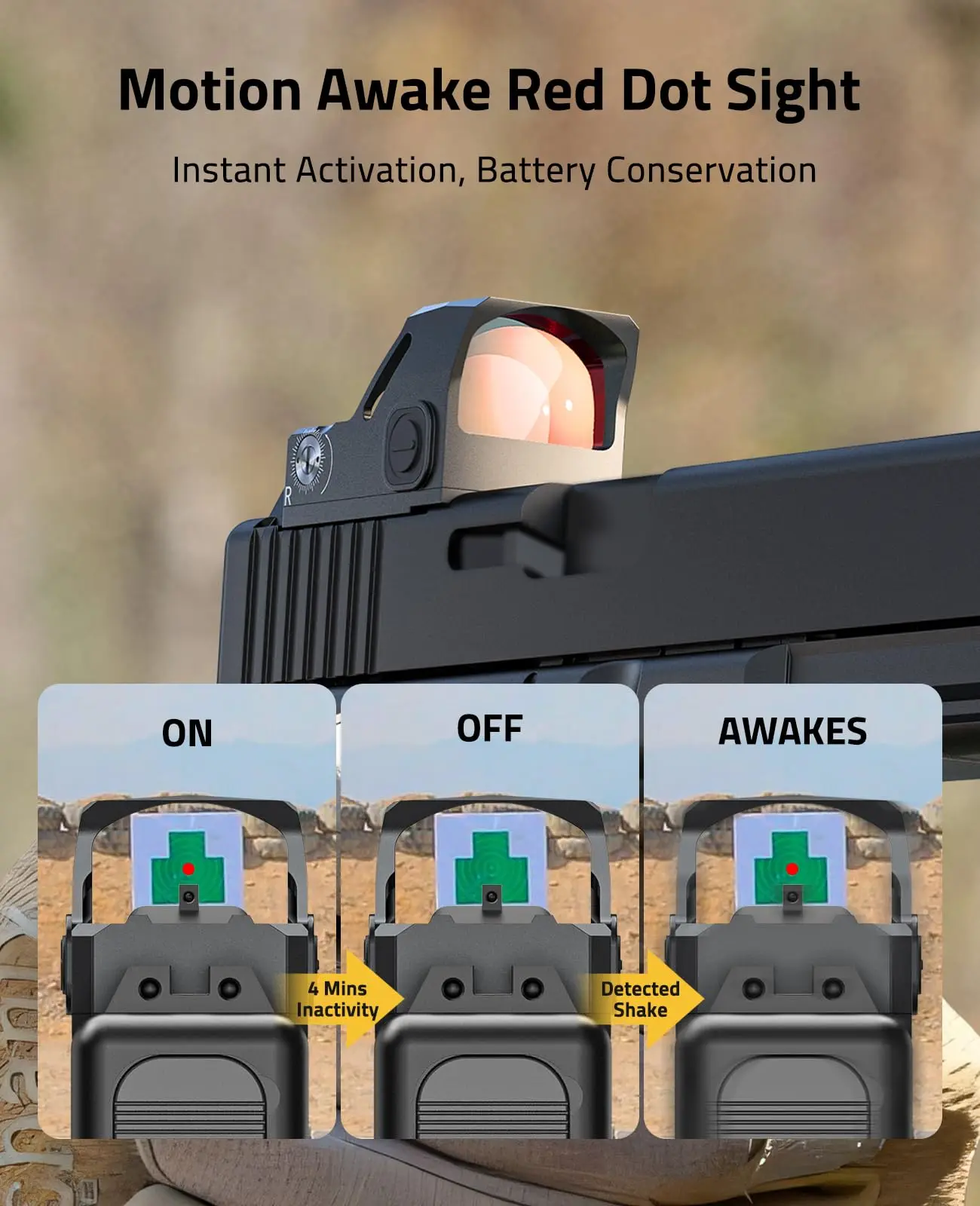 Pistol Pistol Lingkup WolfCovert Motion Awake Red Dot Sight Doctor Cut Footprint 3 MOA dengan Pelat Adaptor MOS Picatinny