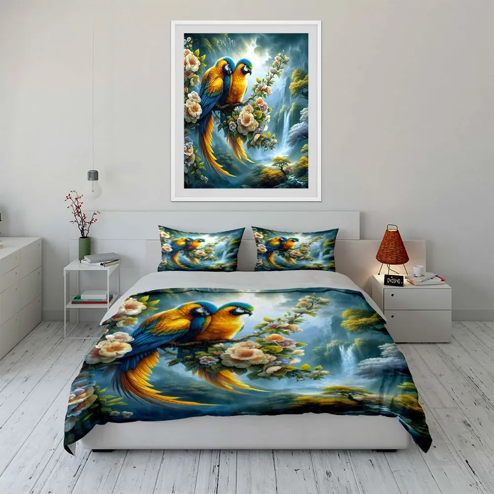 Colorful Parrot Nature Decor Set Multiple sizes kid's and adults' bedroom Exquisite 3PC bedding set, gift