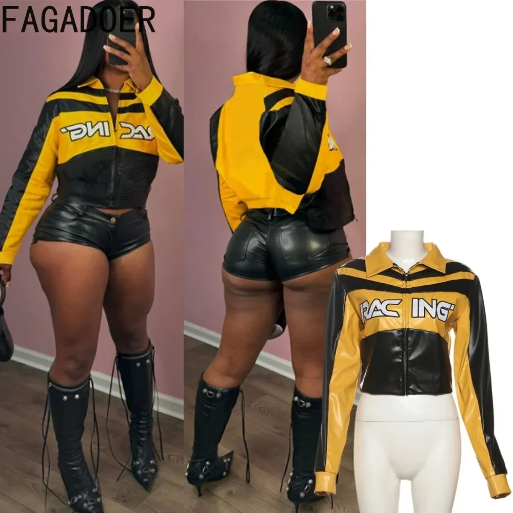 FAGADOER Black Yellow Fashion Leather Jacket Women Punk Moto Coat Letter Printing Lapel Cropped Jackets Hot Girl Streetwear new