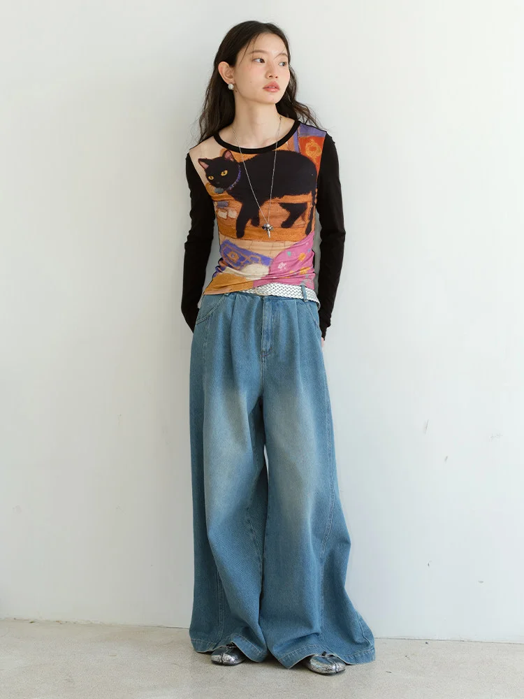 CHEERART Cat Painting Long Sleeve Top For Woman Graphic Tees Patchwork Black T Shirt Kawaii Cute Top Spring Fall Clothes