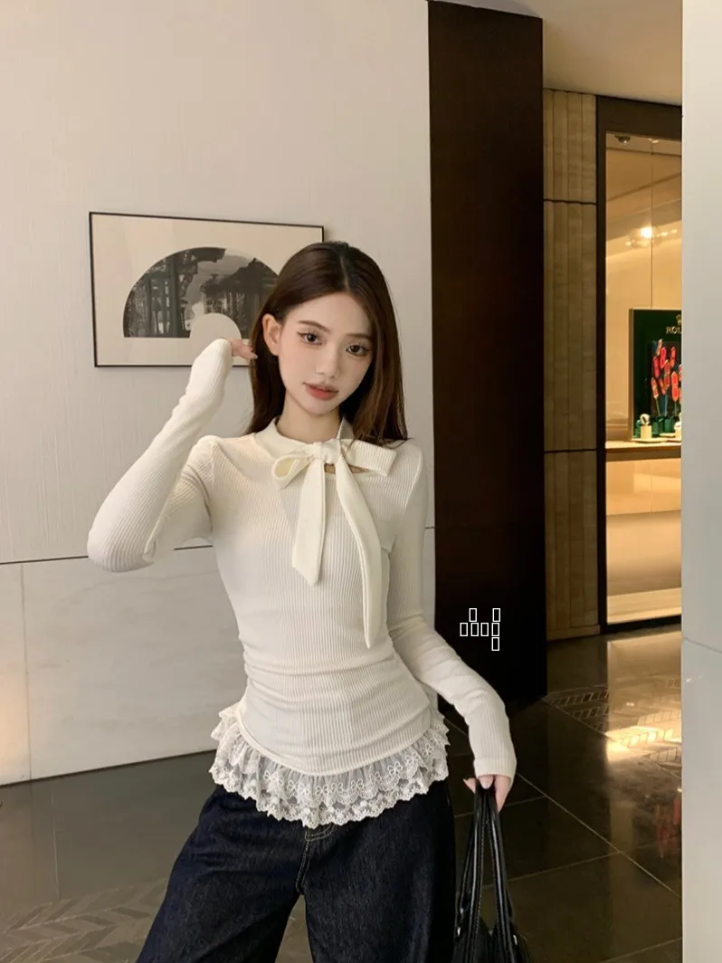 

Белая вязаная базовая кофта с длинными рукавами и узлом, женская, весна-осень, шикарный дизайн с кружевными вставками, короткий топ, внутренняя одежда