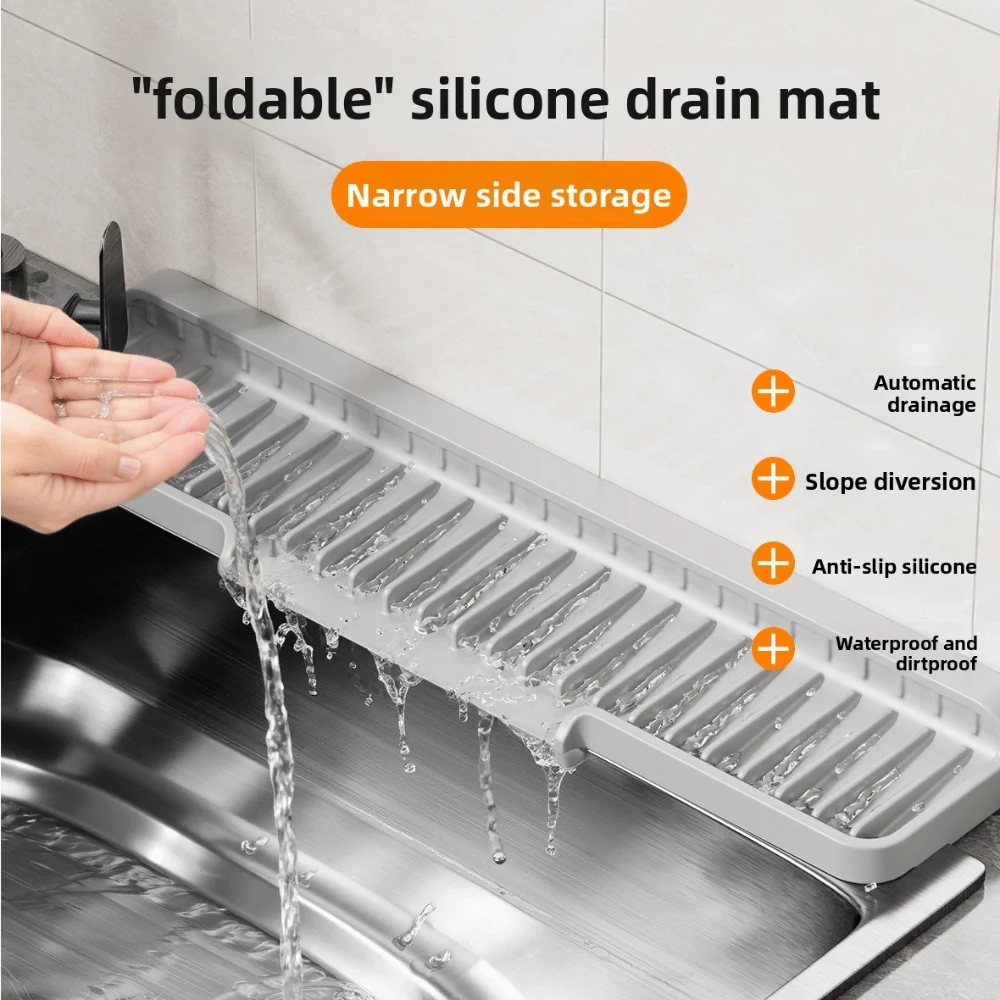 Slope Sink Drain Pad Narrow Edge Splash-proof Countertop Drain Pad Silicone Anti-slip Kitchen Sink Tea Cup Holder Kitchen