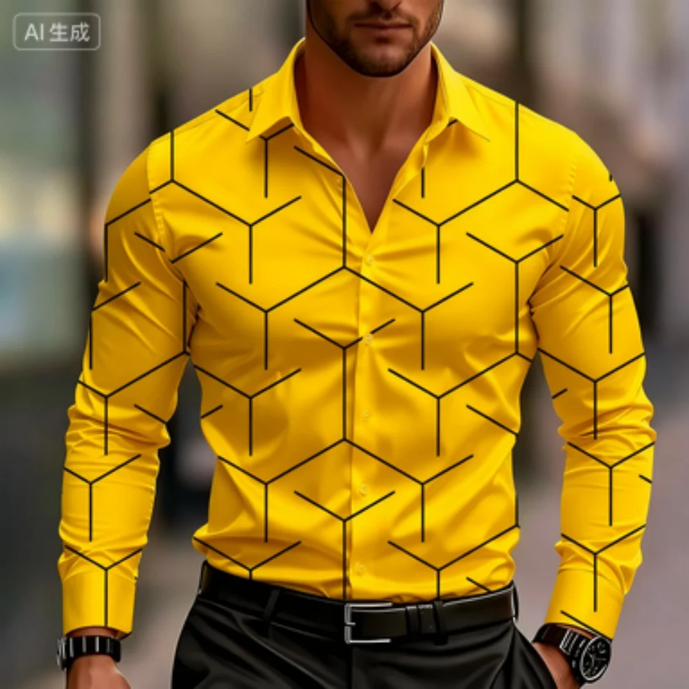 

Мужская деловая повседневная рубашка с длинными рукавами 2025 с принтом воротника, высококачественная удобная посадка на пуговицах большого размера