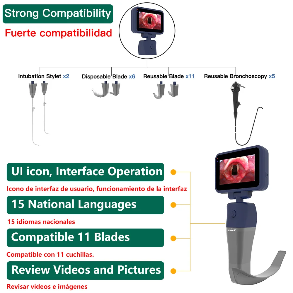 Laryngoscope วิดีโอดมยาสลบพร้อมใบมีดแบบใช้ซ้ําได้ 3.5 นิ้วหน้าจอสัมผัส Laryngoscope วิดีโอดิจิตอลรวมถึงกระเป๋าเดินทาง