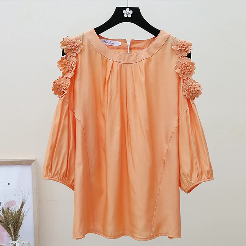 Blus Wanita lengan pendek, musim panas leher O, atasan blus sifon kasual, kemeja atasan blus wanita 2024 Verano B370