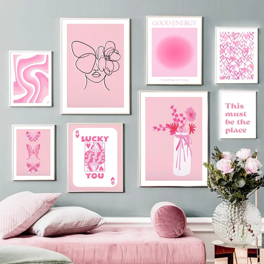 

Pink Abstract Girl Flower Butterfly Good Energy Quote Wall Art Canvas Painting Posters And Prints Pictures For Living Room Decor