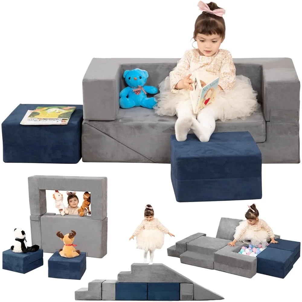 Kids Sofa, Modular Kids Sofa for Toddlers, Convertible Foam Play Couch, Climbing Couch with Slide and 2 Ottomans, Toddler Couch