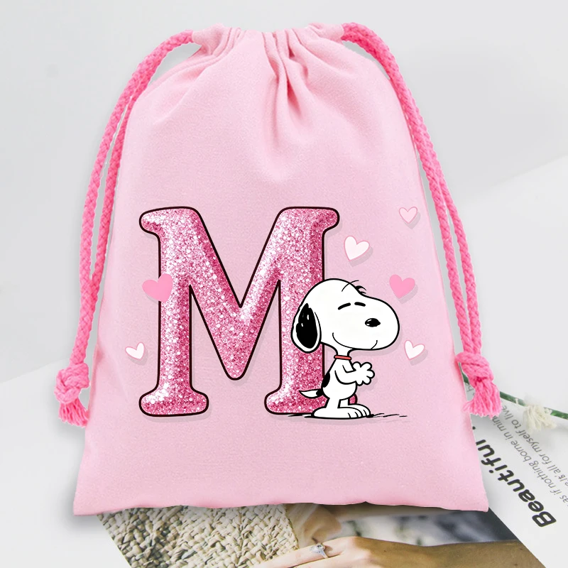 

Cute Snoopy Letter A-Z Storage Drawstring Bags Kawaii Cartoon Key Pouch Kids Party Candy Cookie Packaging Girl Birthday Gift Bag